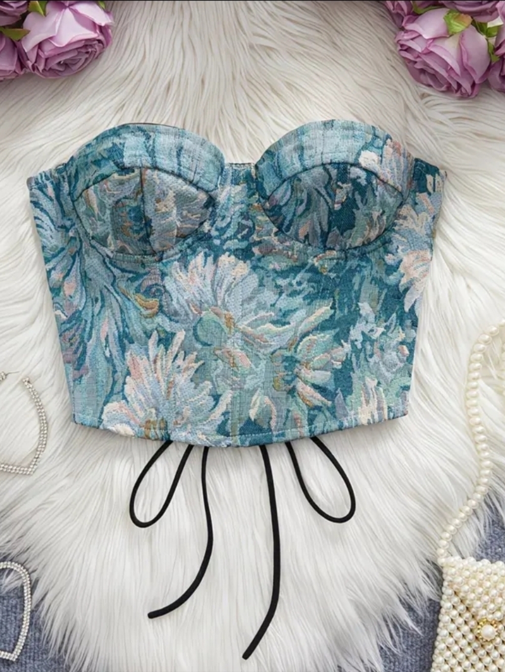 Women's Blue & Green Floral Bandeau Bustier Lace-Up Back Top